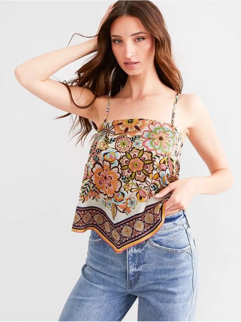 Daytrip Satin Hanky Hem Boho Floral Tank Top - small